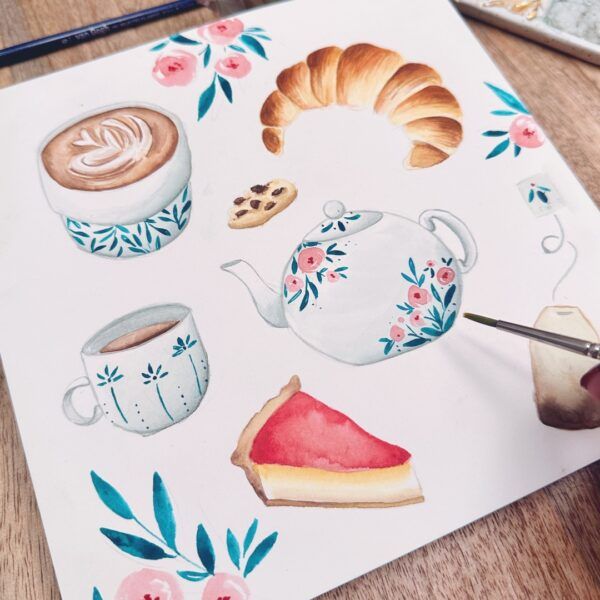 Ilustración en acuarela de café, tetera, croissant, té y flores.